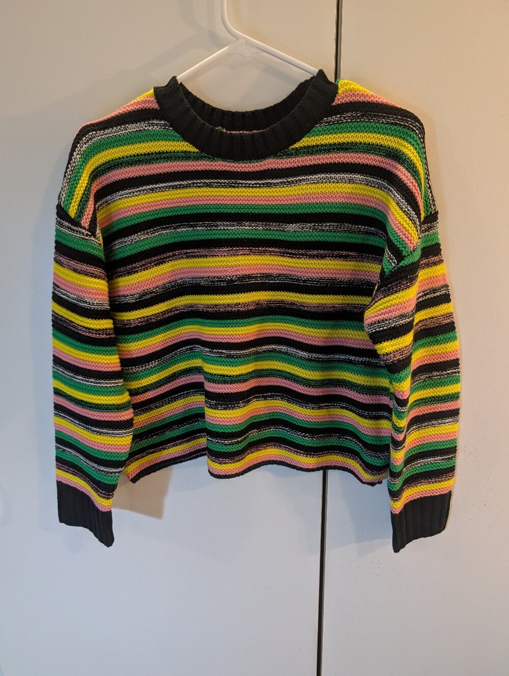 Asos Woman's Sz 6 Striped Multicolor Crewneck Sweater - Black/Green/Pink/Yellow